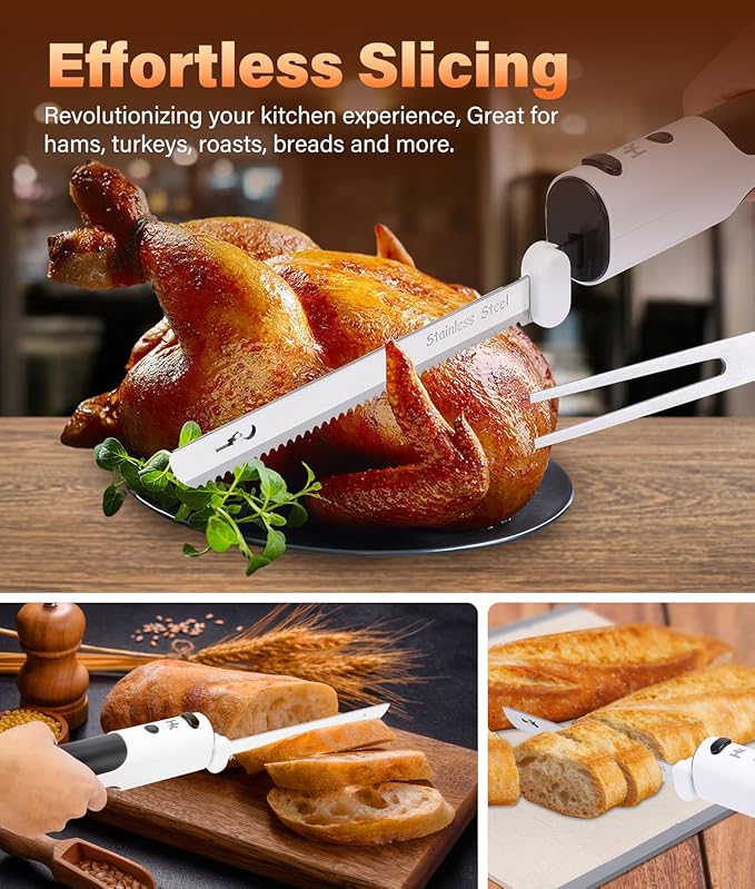 HK Cordless Electric Knife for Carving Meats, Poultry, Bread, Crafting Foam & More, Included Dual 304 Stainless Steel Blades, Fork, Foldable Cutting Board