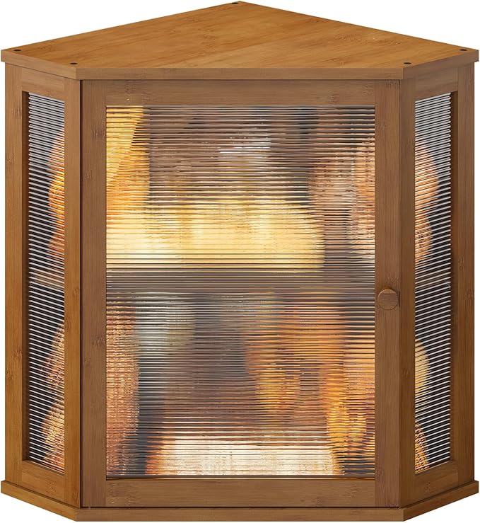 Corner Bread box for Kitchen Countertop,Farmhouse Bread Box with Acrylic Wavy Door Panel,Large Bread box for kitchen countertop,Kitchen Countertop Food Storage Container (Brown, Extra Large)