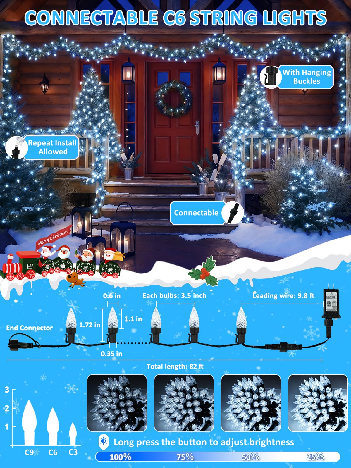 Connectable 250 Led C6 Christmas String Lights  82Ft Waterproof Christmas Twinkle Lights Outdoor  Plug In Lights With 13 Modes For Indoor Outdoor Yard Party Christmas Tree Decorations (Cool White)