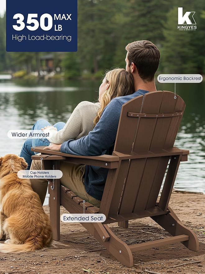 KINGYES Folding Adirondack Chair Set of 6, Dual Cup Holders & All-Weather HDPE, Wood-Like Patio Chair for Backyard, Camping, Pool & Fire Pit, Brown