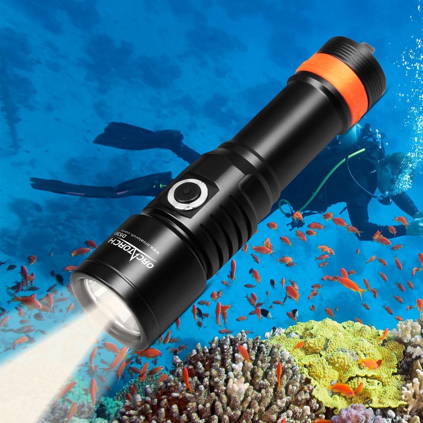 Orcatorch D530 Scuba Dive Light  1200 Lumens  7 Degrees Narrow Beam Angle  Titanium Alloy Side Button Switch  2 Lighting Modes  With Battery Indicator For Deep Sea Cave (5500K Warm White Light