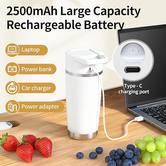 Portable Blender for Smoothies&Shakes 24oz Insulated Cup Cordless, Personal Small Licuadora Portatil With Stainless Steel Bottle, USB-C Rechargeable Travel Blender, BPA Free, for Juicing(White)