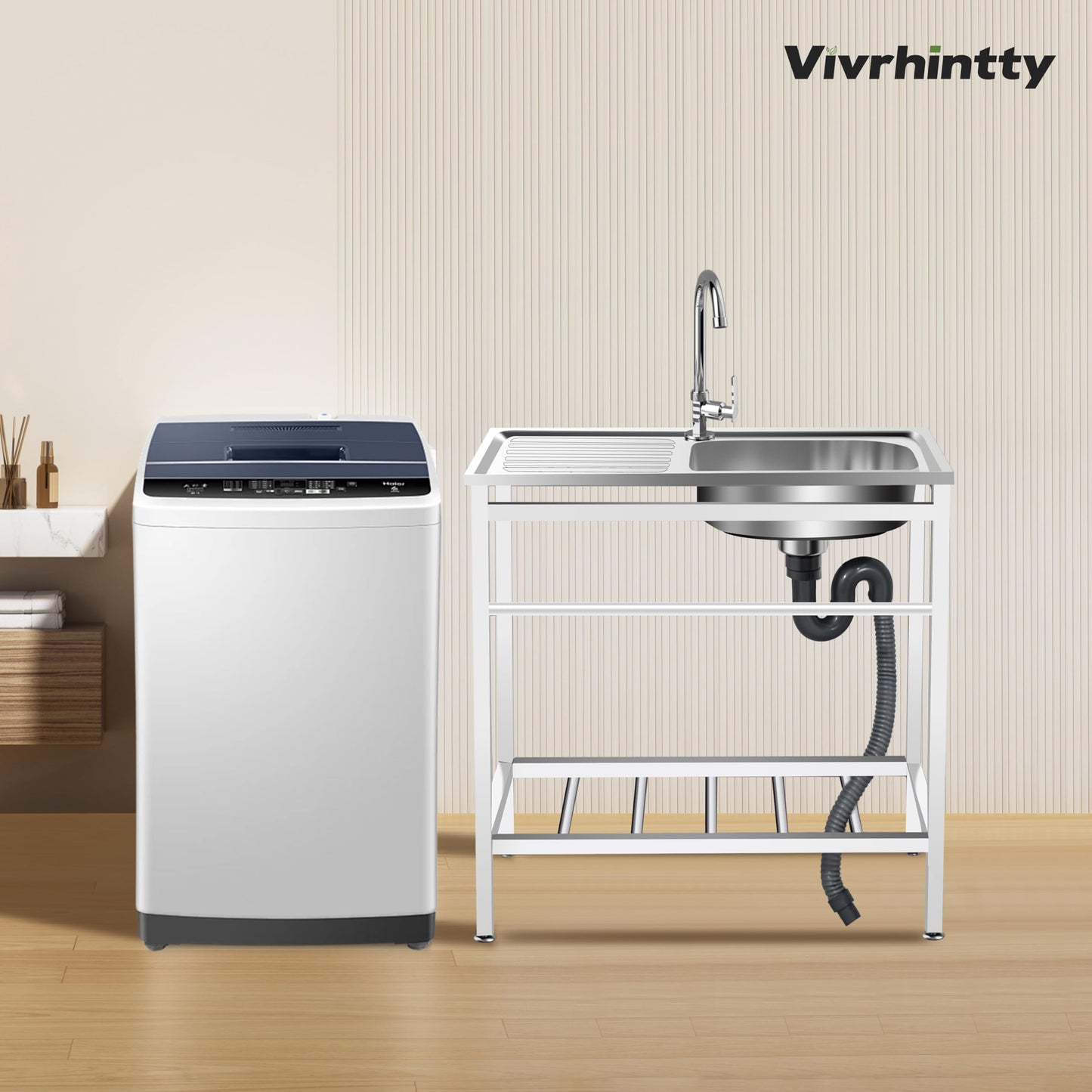 Vivrhintty Free Standing Kitchen Utility Sink with Workbench & Accessory Set, Stainless Steel Sink for Commercial, Outdoor,Garage, Laundry Room Use (29.52"D x 15.74"W x 29.52"H)