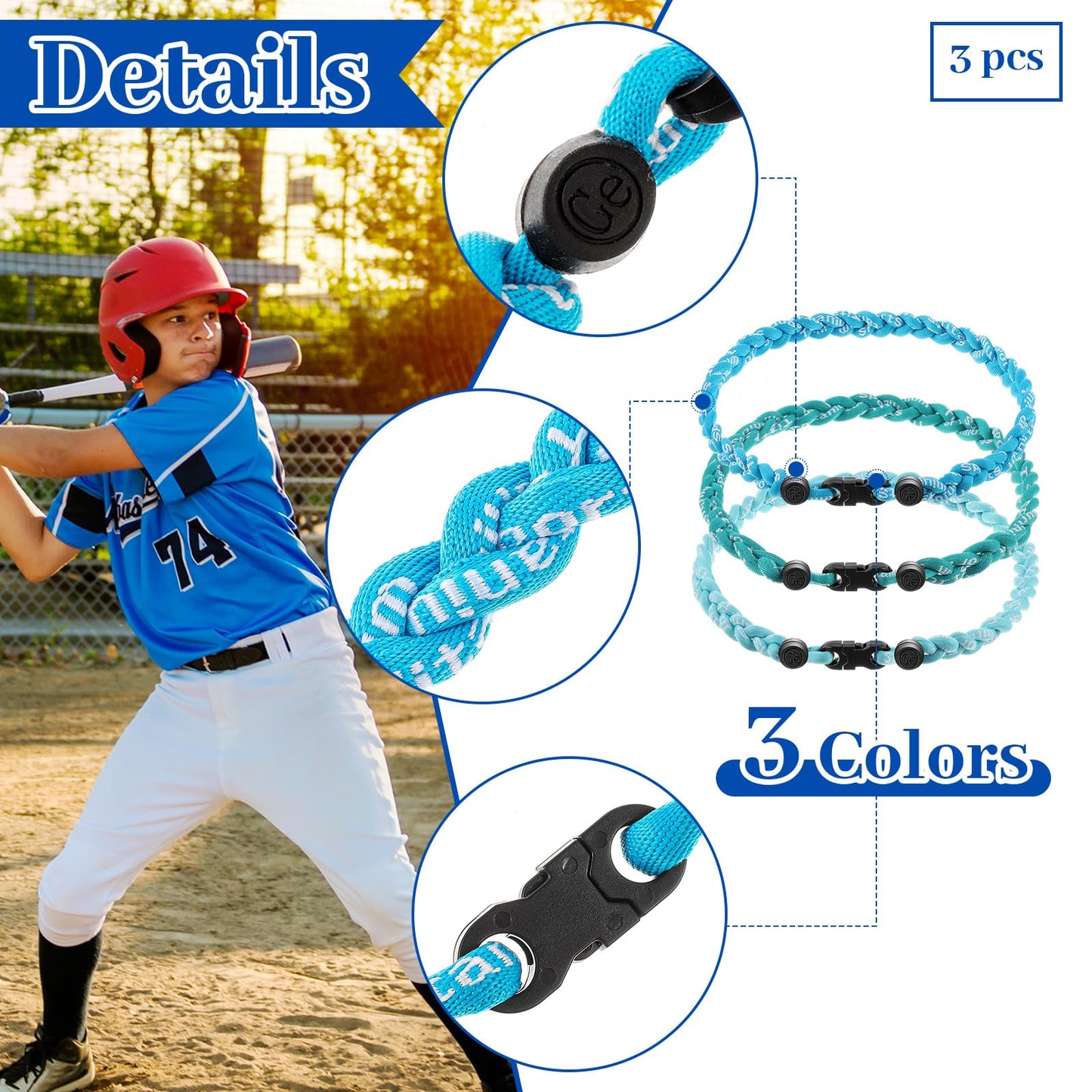 Junkin 3 Pcs Baseball Necklaces Three Braided Rope Titanium Necklace for Team Gifts Boys Men Player Softball Fans Sports (Bule C