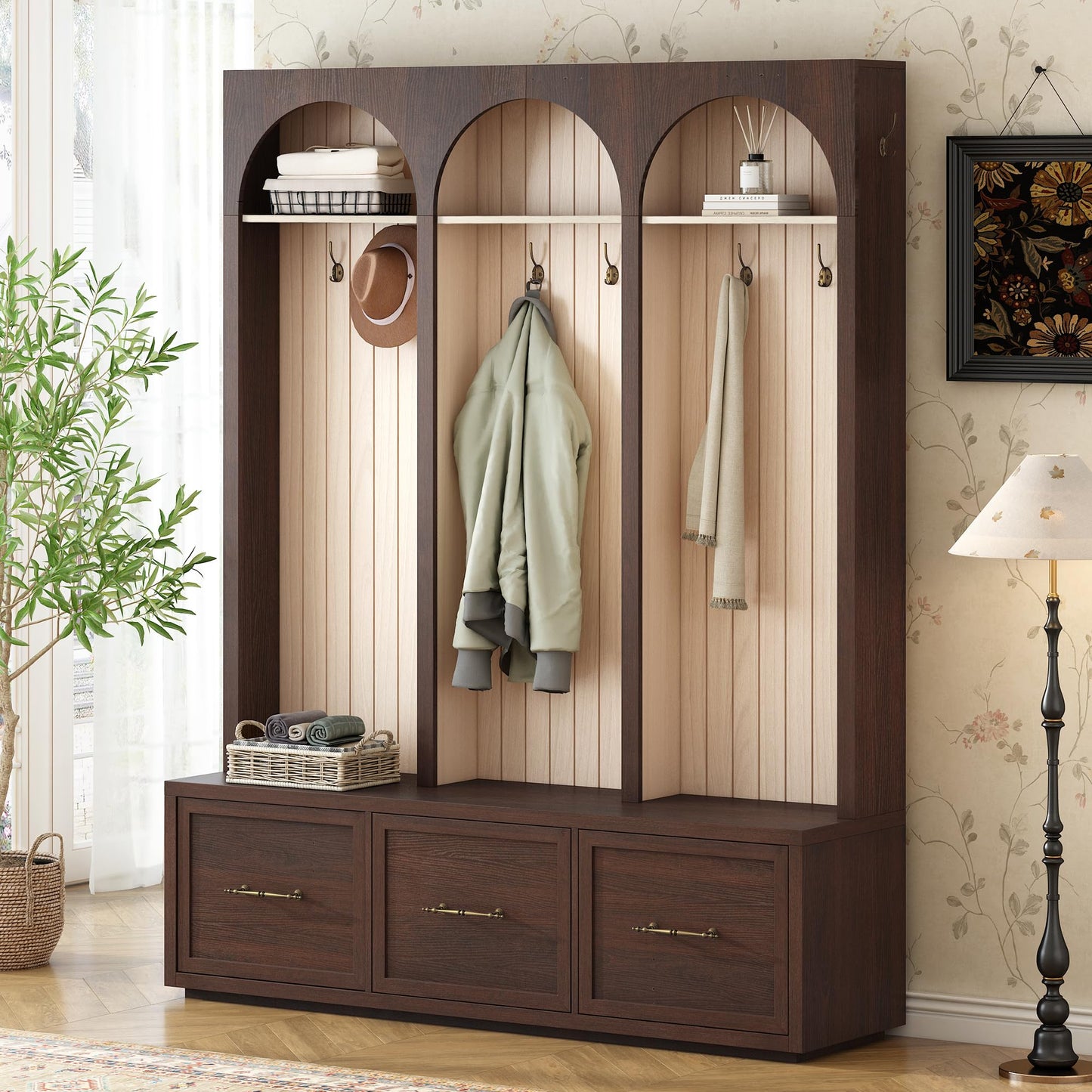 Merax Farmhouse Wood Hall Tree with Shoe Bench and 3 Drawers, 4-in-1 Coat Rack with 8 Hooks for Entrance, Hallway, Mudroom Dark Walnut