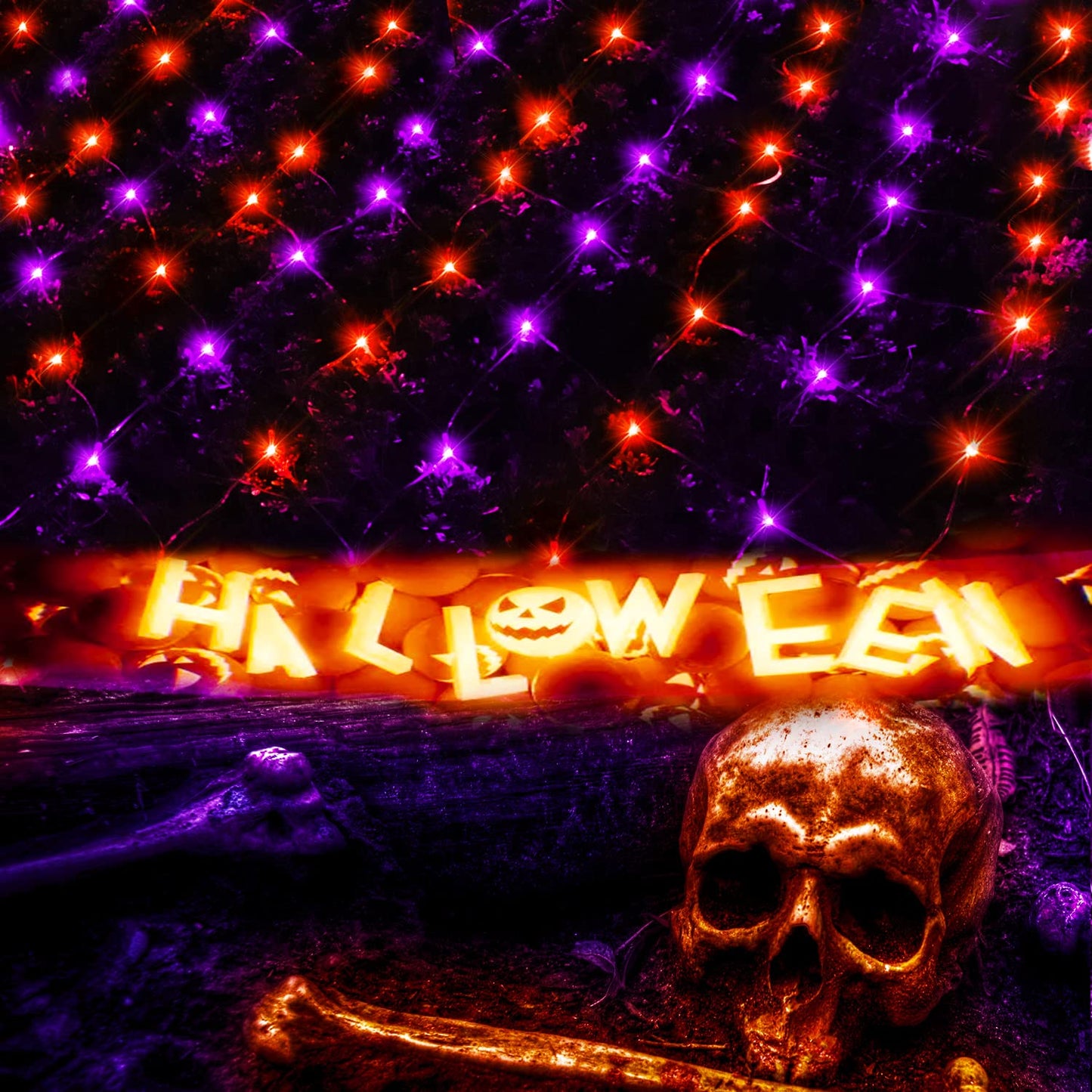 Led Net Light Halloween Decor Mesh Lights  240Led Timer Tree Warp Fairy Lights Outdoor Hanging String Light For Home  Bedroom  Christmas  Garden  Walkway  Bushes Decor-9.8Ft X 6.6Ft(Purple&Orange)