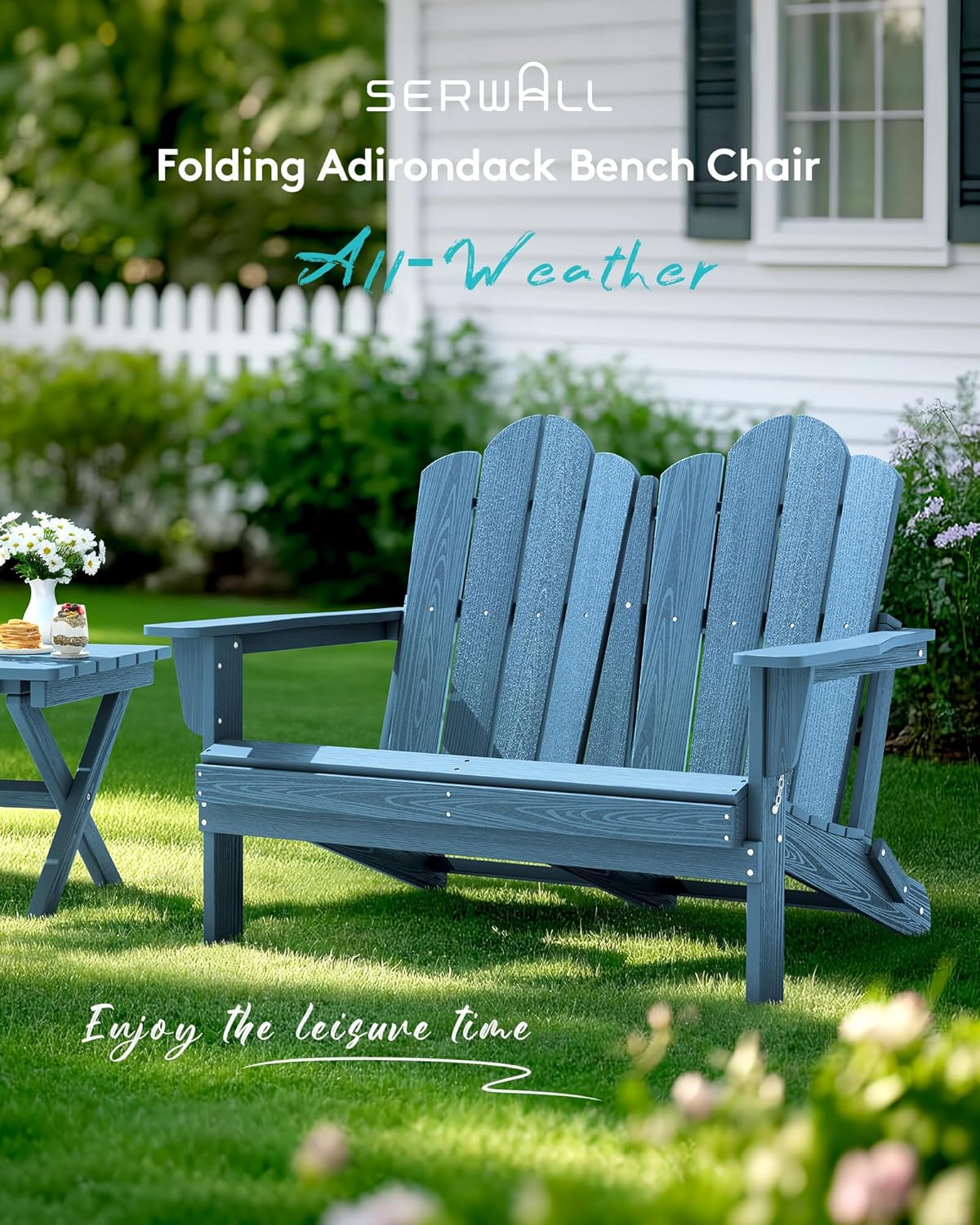 SERWALL Folding Adirondack Bench, HDPE All-Weather Adirondack Loveseat Set of 2, Navy