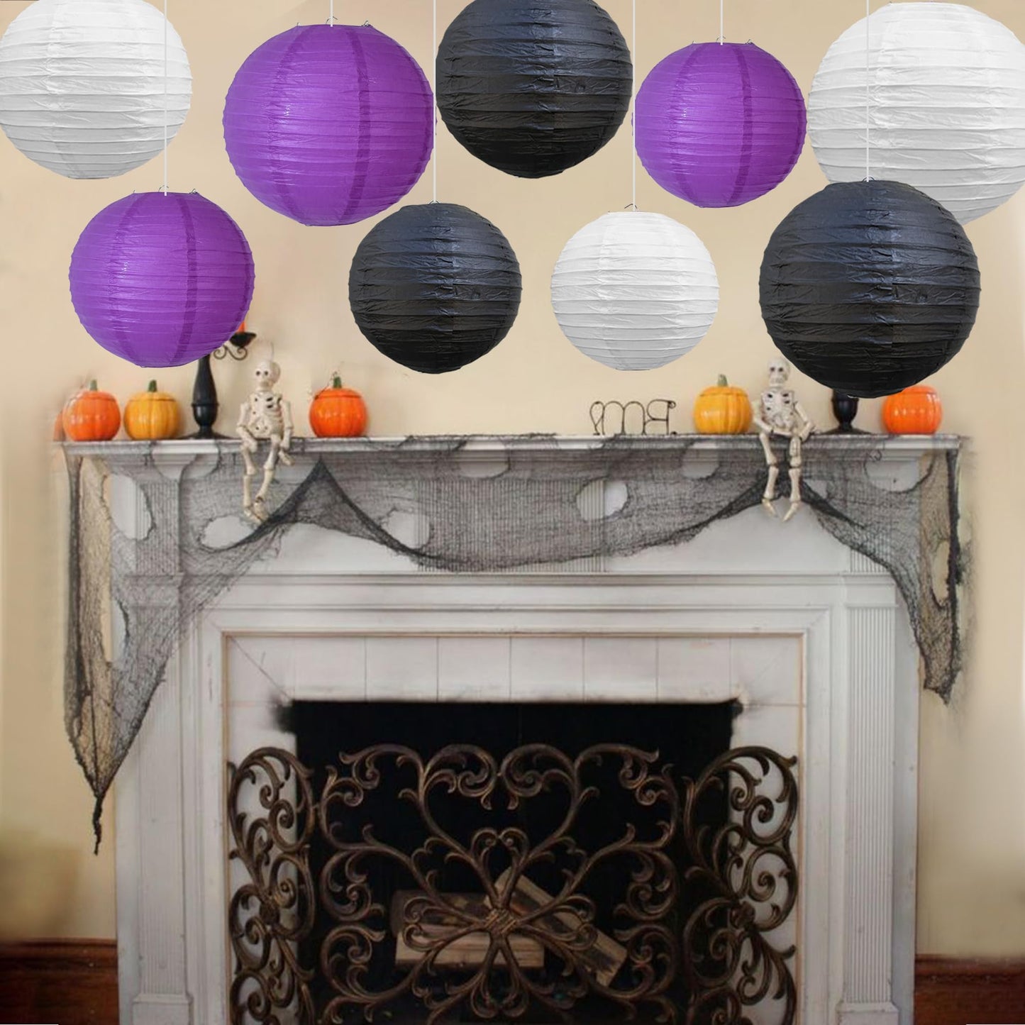 Beishida 12Pcs Purple Black White Paper Lanterns Decorative Chinese/Japanese Hanging Round Paper Lanterns Lamp For Halloween Birthday  Wedding  Christmas  Bridal Home Decor  Party Decoration