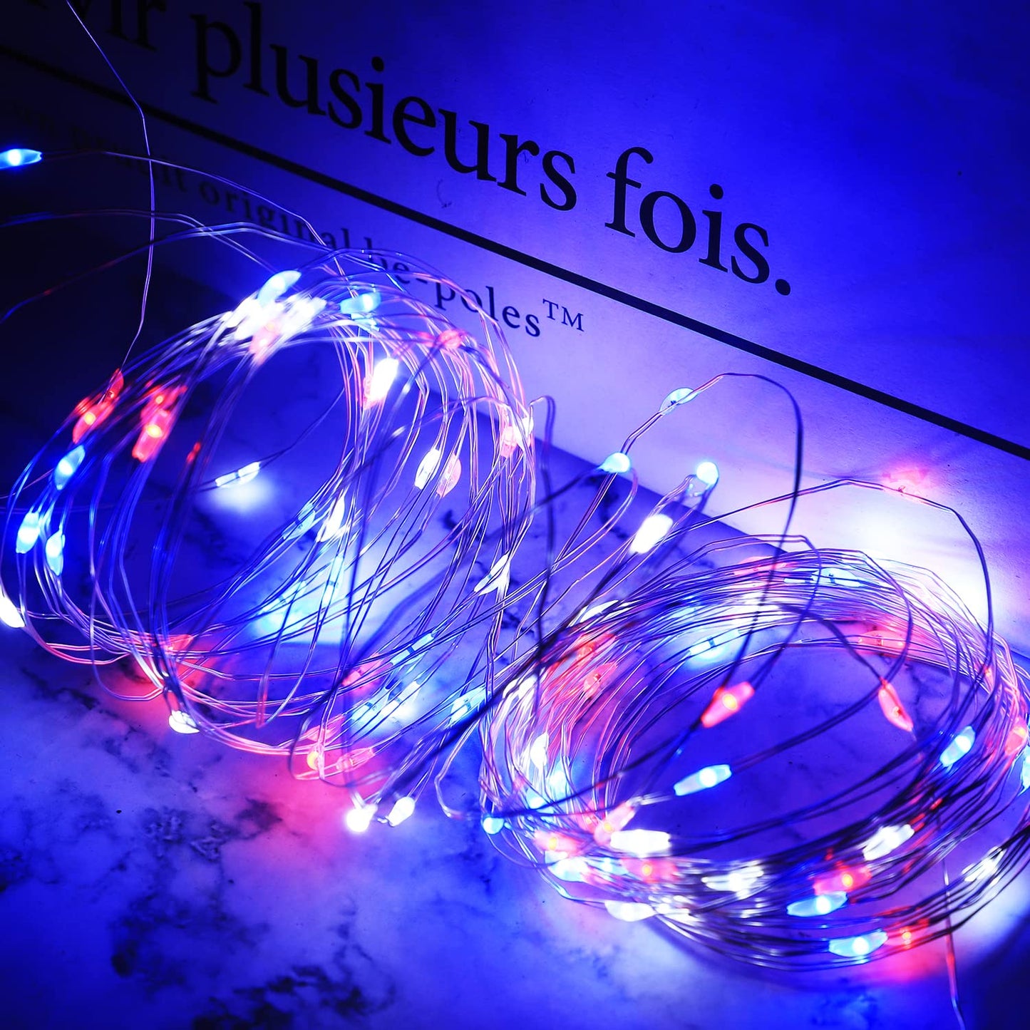 Curyidy 100LED Fairy Lights, Remote Control, Red White Blue, 2 Pack, Model STCO