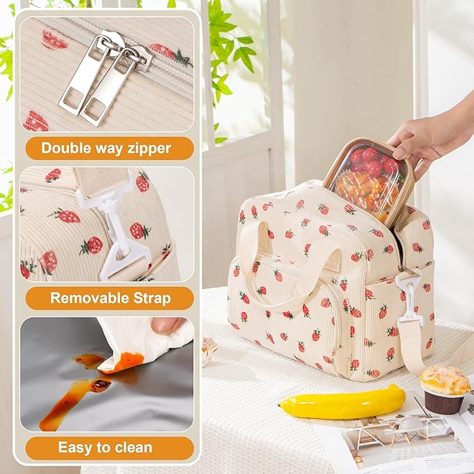 Large Lunch Bag for Women Strawberry Insulated Lunch Box Reusable Cooler Bag Portable Cute Corduroy Leakproof Tote Bags for Travel, Work, and Picnic