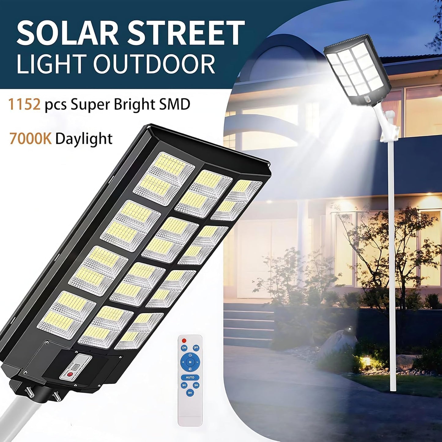 Qoeudd 12000W Solar Street Light, Ip66 Waterproof, 600000Lm, Remote Control, Dusk To Dawn For Courtyard, Garden, Yard