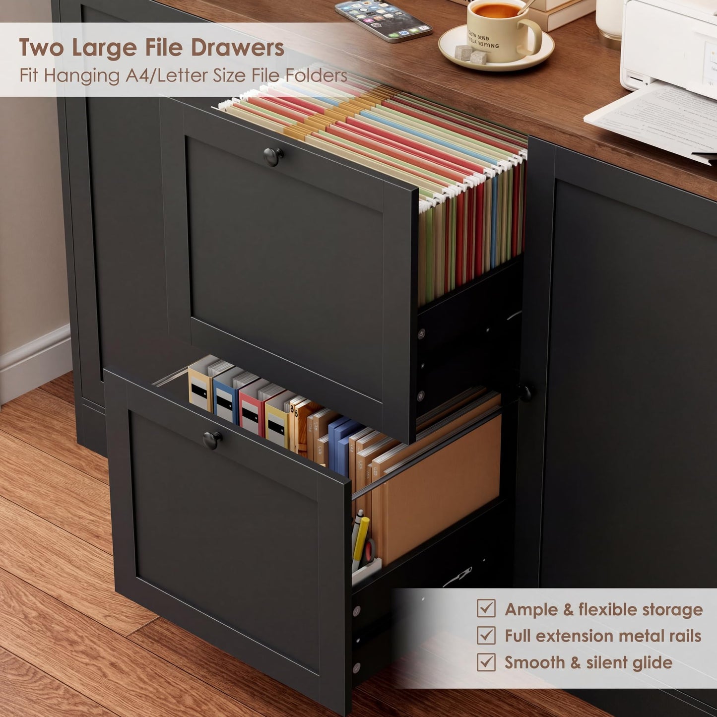 HIFIT 72'' Tall File Bookcase with Power Outlet & Printer Stand, 2 Drawer Filing Cabinets for Home Office Fit Hanging A4 File, Storage Cabinet w/ 3 Tier Open Book Shelf & Doors for Living Room, Black