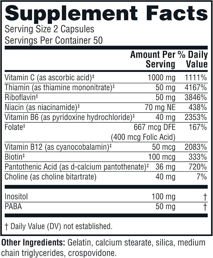 Twinlab Stress B-Complex Caps - Complete B-Complex & 1000 mg Vitamin C - Energy Support Supplement with Vitamin B12 and B6-100 Capsules
