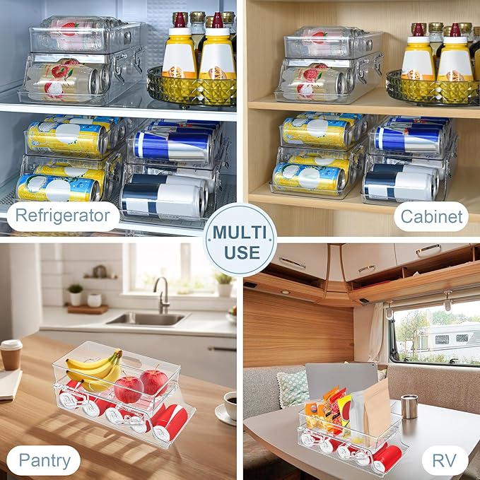 2 PCS Soda Can Organizer for Refrigerator & Pantry, Double Space Saving Auto-Rolling Stacking Can Dispenser, Fits Skinny/Standard/Tall Cans, Clear Fridge Can Holder Storage for Kitchen, Office