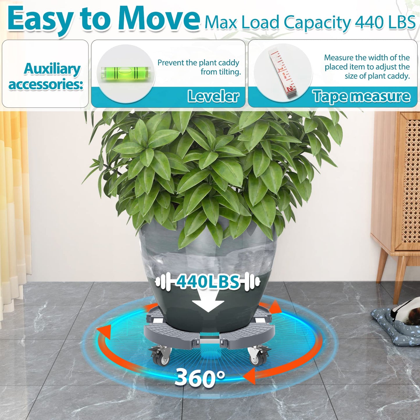 VANCASTLE Plant Caddy Plant Stand with Wheels, Heavy Duty Plant Roller Base 15-22 Inch Adjustable，Palnt Wheel Base 440 LBS, Large Potted Planter Cart Dolly for Flower Mover, Gray, 2 Pack