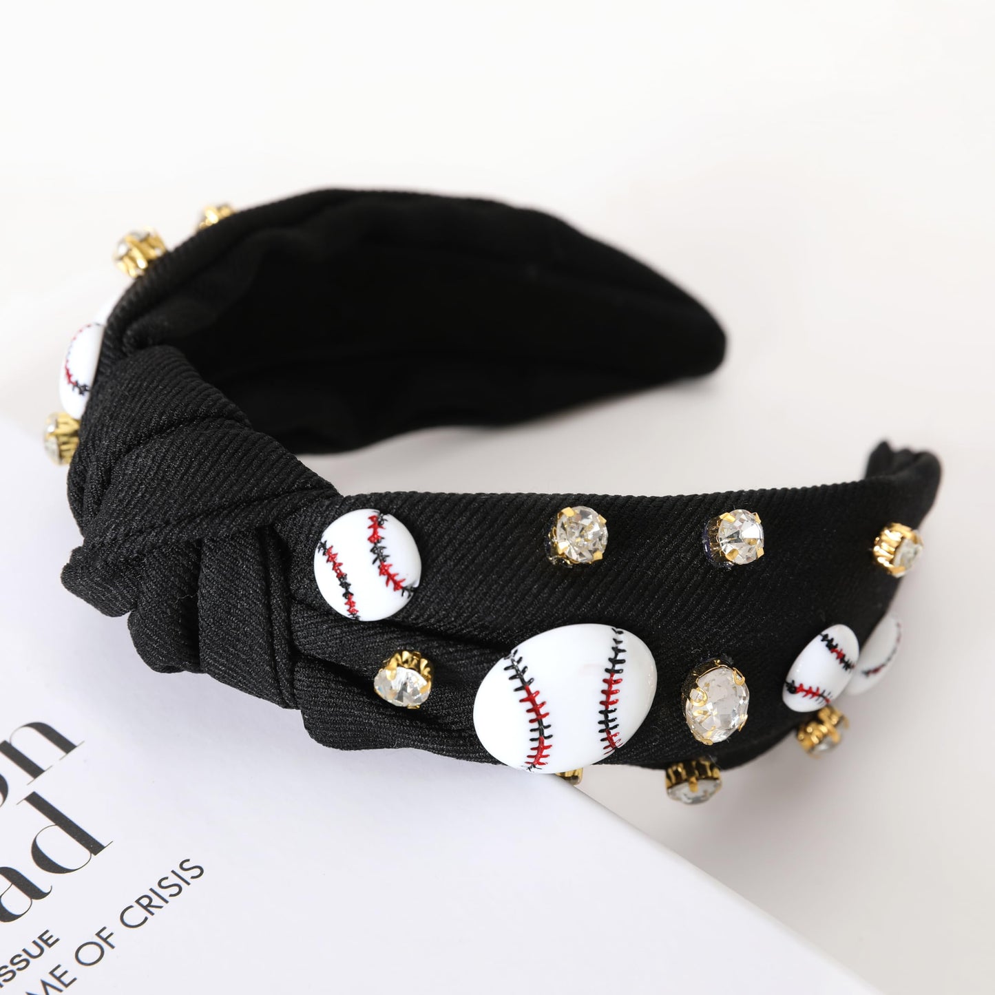 Gmmidea Baseball Headbands for Women Pearl Crystal Knotted Headband Bejeweled Baseball Charm Embellished Headband Wide Knot Spor