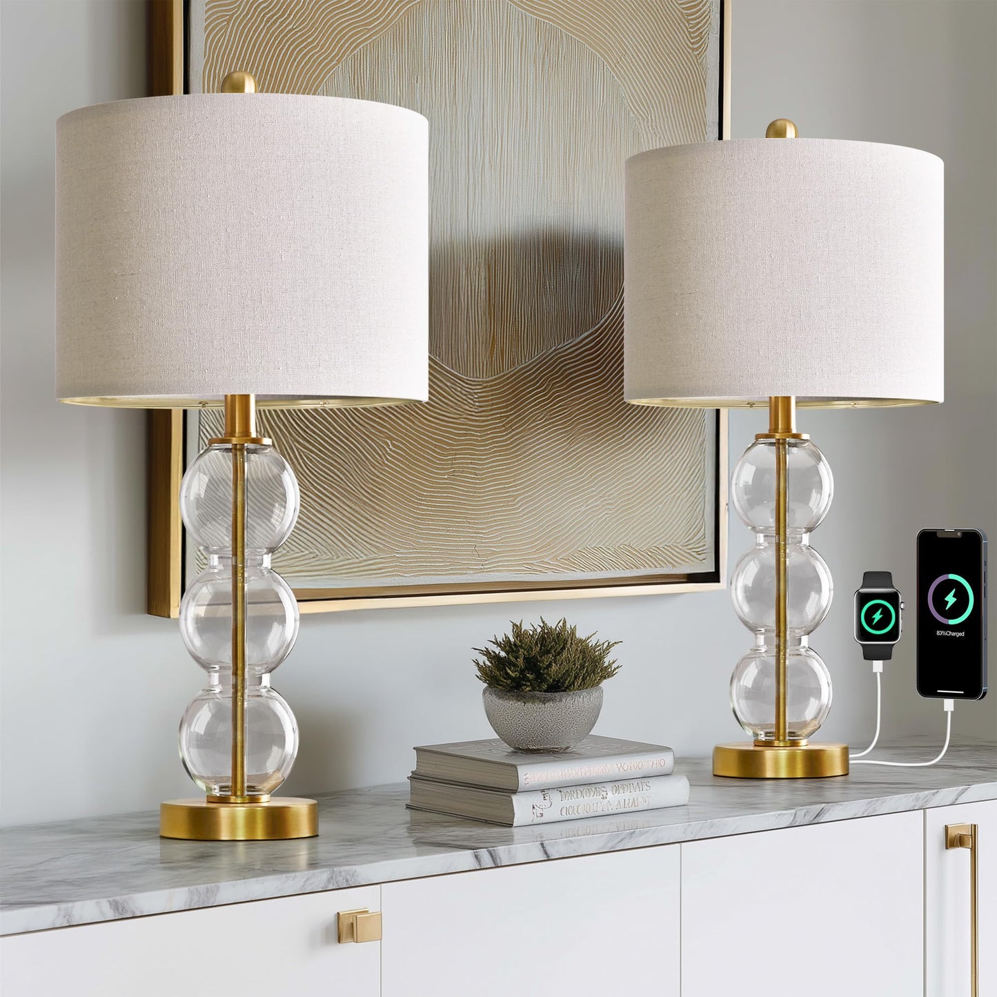 Oneach 24in Glass Table Lamps Set of 2, Gold, USB Ports, Linen Shade, Model OYS-AMZ-T1123GL-U