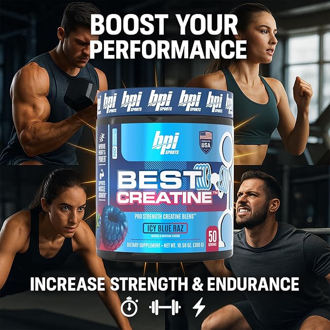 BPI Sports Best Creatine - Creatine Monohydrate Powder for Men & Women, Himalayan Salt - Strength, Pump, Endurance, Muscle Growth, Muscle Definition - No Bloat - Icy Blue Raz - 50 servings - 10.58 Oz