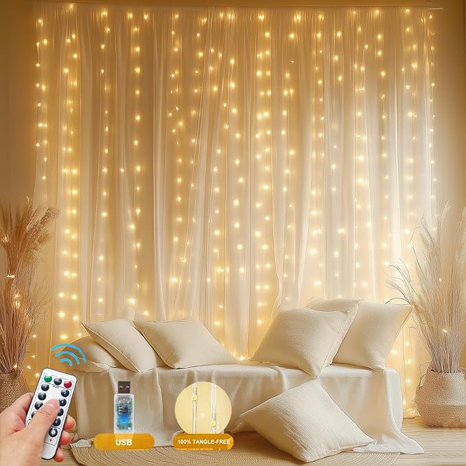 HOLITS Fairy Curtain Lights Upgraded Tangle-Free Warm White USB Plug in 8 Modes String Hanging Lights with Remote for Chri...