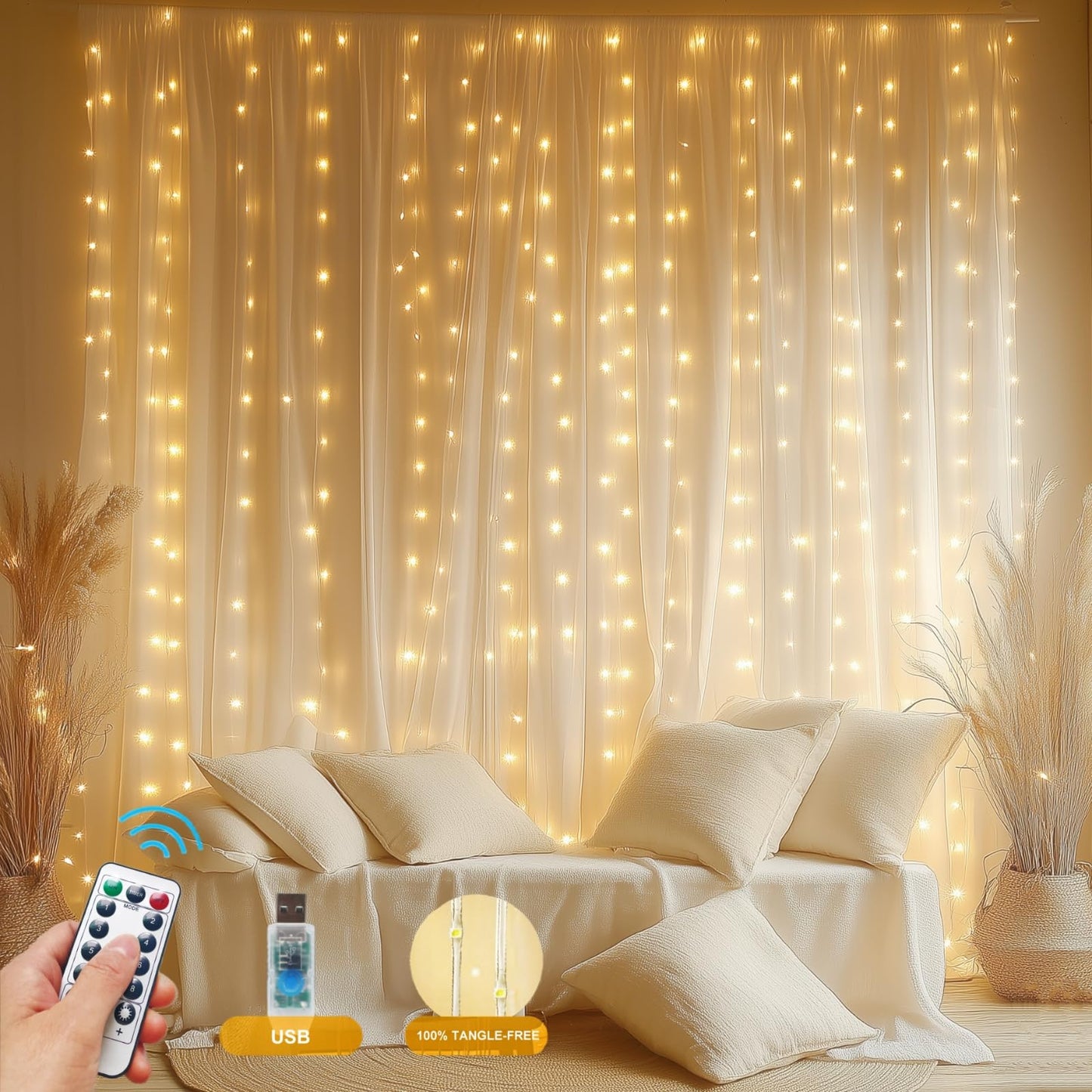 Holits 2 Pack Fairy Curtain Lights Upgraded Tangle-Free Warm White Usb Plug In 8 Modes String Hanging Lights With Remote For Christmas  Bedroom  Indoor  Outdoor  Weddings  Party (10 Ftx10 Ft)