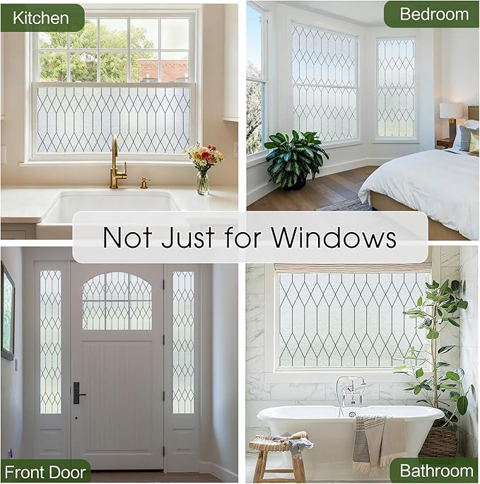 Windimiley Window Privacy Film Stained Glass Static Clings, Bathroom Frosted Leaded Decorative Window Stickers, UV Heat Blocking Opaque Removable for Home Door Coverings (17.5 x 118.1in,Pure)