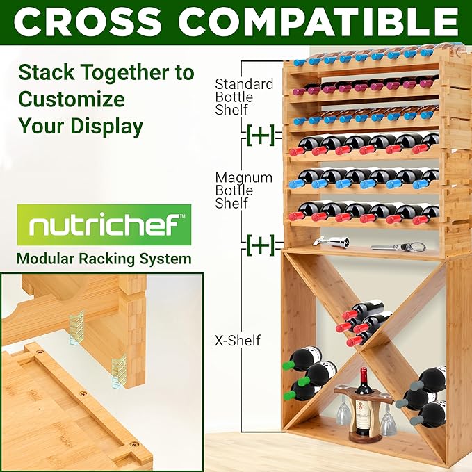 Nutrichef X Self Oversize Stackable Modular Wine Rack, Fits Up to 84 Standard Size Bottles Compatible and Stackable w/All Wine Racks - Bamboo Construction with Anti Moisture Protective Finish