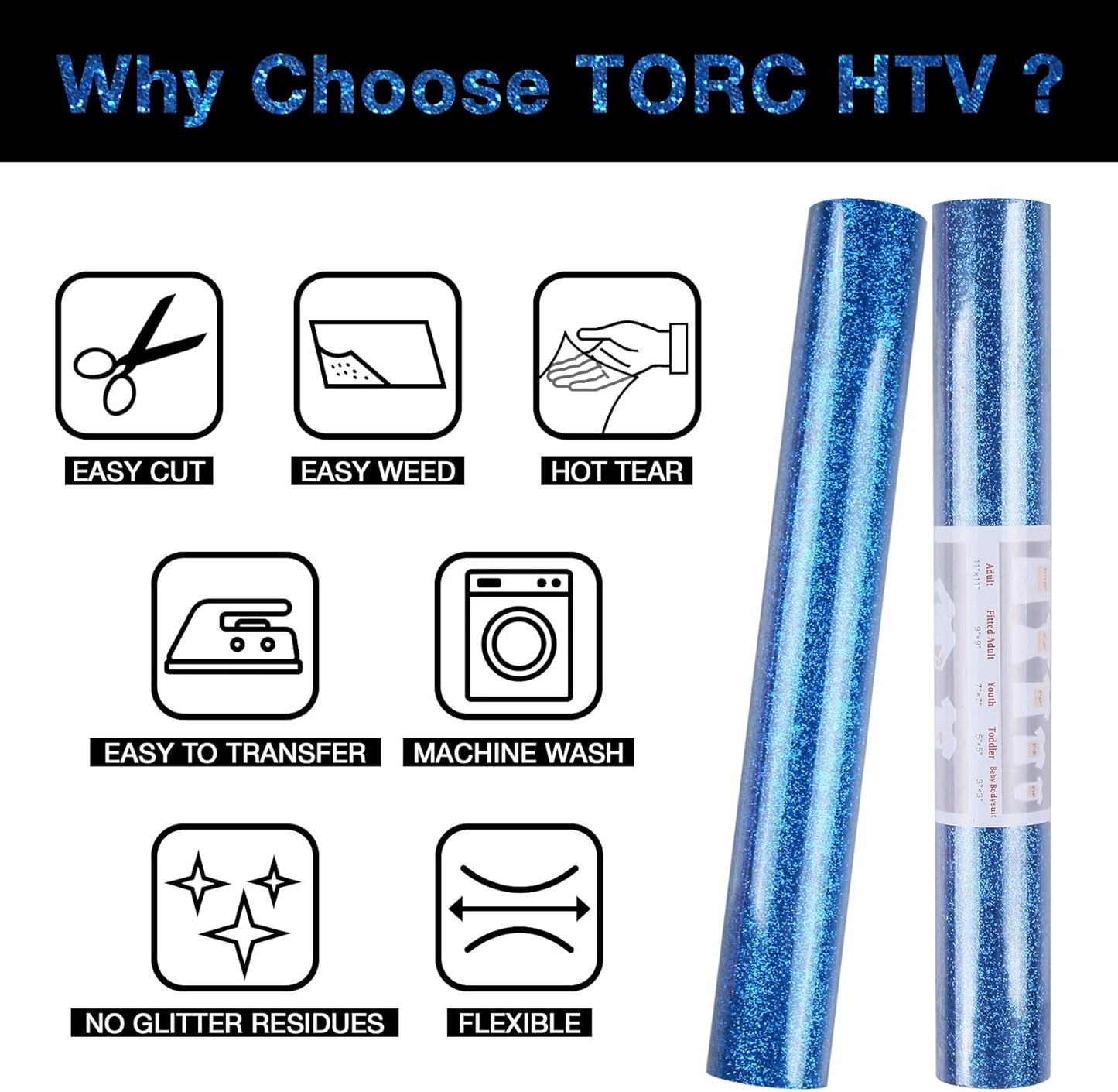 TORC Royal Blue Glitter HTV Heat Transfer Vinyl Roll 12 inch x 10 ft Iron on Vinyl for T Shirts Crafts