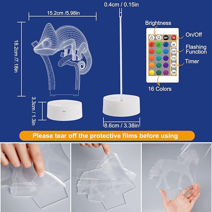 FULLOSUN Chameleon 3D Night Light Lizard Projection LED Lamp Baby Nursery Nightlight for Kids' Room Home Decor Xmas Birthday Gifts with Remote Control 16 Color Changing