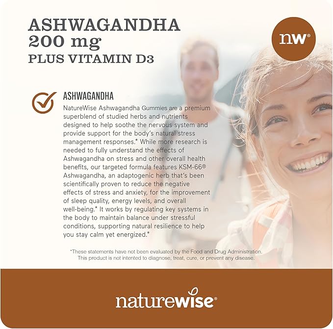 NatureWise Ashwagandha Gummies - Strawberry Kiwi - KSM-66 with Vitamin D3 - Calming Mood Support - Vegetarian - Non-GMO, Gelatin and Gluten Free - 60 Count[1-Month Supply]