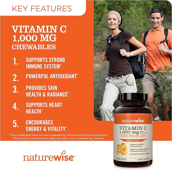 NatureWise Extra Strength Vitamin C Chewable 1000mg for Adults - Natural Orange Flavor - Immune System & Antioxidant Support - Non-GMO, Vegan & Sugar Free - 200 Chewable Tablets[100-Day Supply]