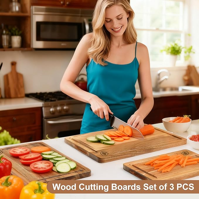 3 PCS Cutting Boards for Kitchen, Premium Acacia Wooden Cutting Board Set with Built-In Handle and Juice Groove, Charcuterie & Chopping Butcher Block for Meat, Vegetables, Fruits (Brown)