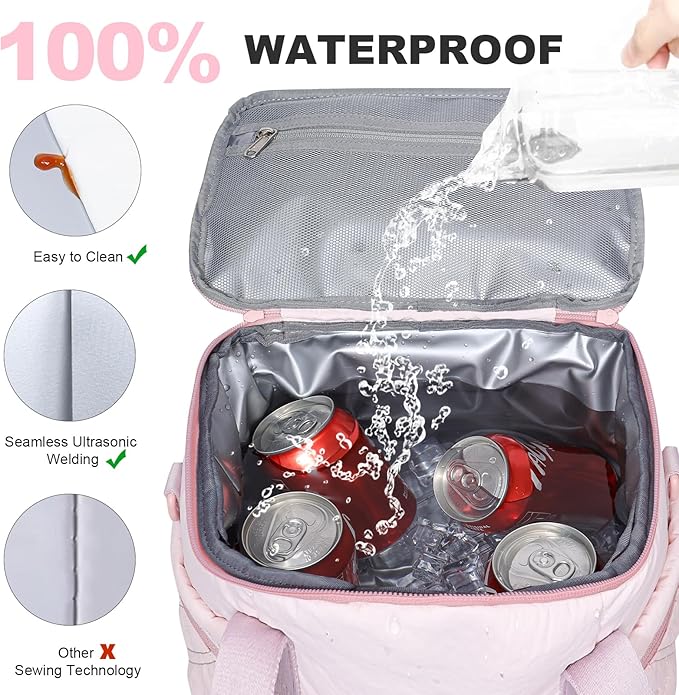 NOL Natural Organic Lifestyle Women's Nylon Lunch Cooler Cute Quilted Lunch Bag Large Leakproof Insulated Lunch Tote Bag for Work Picnic Travel,Pink
