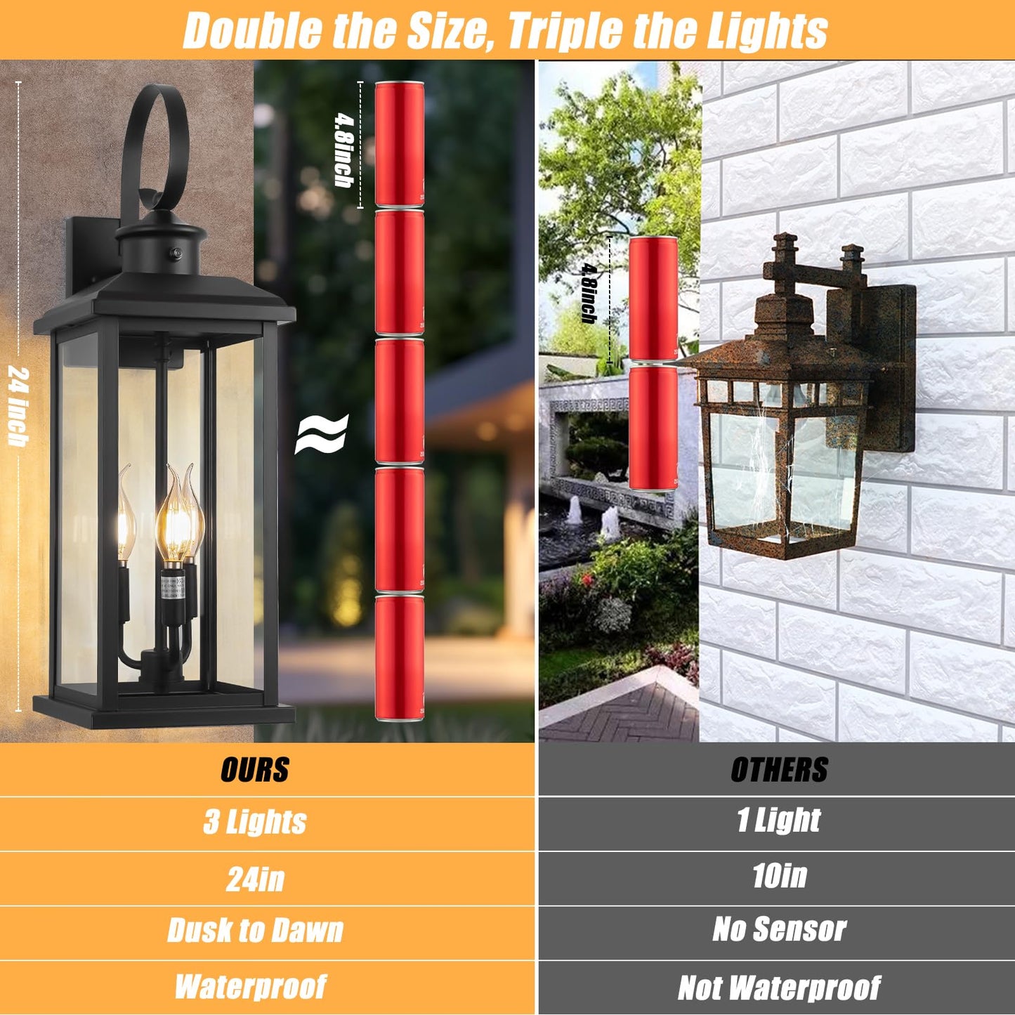 Siafavoi 24 Dusk To Dawn Porch Lights Outdoor 3-Light  Black Modern Large Wall Light Fixture Lantern  Waterproof Exterior Lighting Sconce Wall Mount  Outside Lamp For Farmhouse Doorway Patio E12