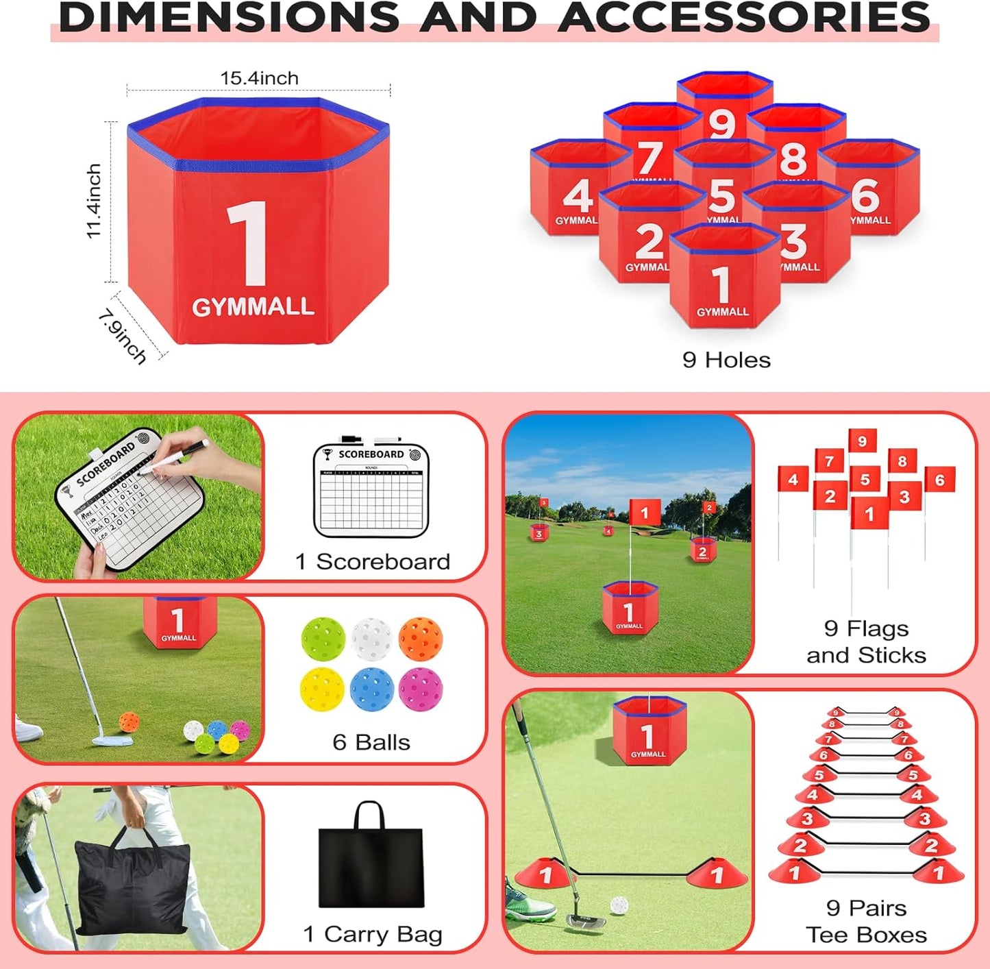 Golf Bucket Yard Game, Backyard Golf Set for Kids, Adults and Family, Outdoor and Indoor Portable 9 Holes Golf Course with Balls, Flags and Carry Bag for Lawn, Park, Beach and Hotel - Red