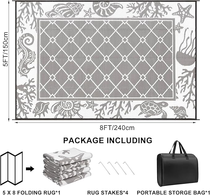 Vaukki Reversible Rugs, Plastic Straw Outdoor Doormat, Fade Resistant Plastic Outdoor Patio Mat, Lightweight Ocean Area Carpet for Patio, RV, Camping, Beach, Deck, Backyard and Picnic (Grey, 5'x8')