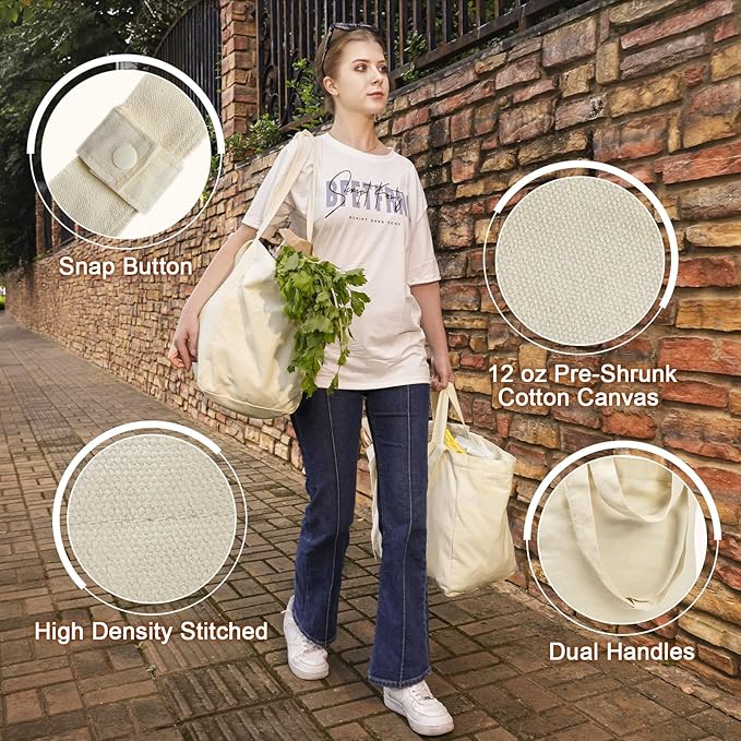 VitaSerena Canvas Grocery Bags with Dual Handles(3 Pack), Large Reusable Shopping Bags for Groceries, Inner Pockets, Washable, Shrink Resistant, Heavy Duty, Foldable
