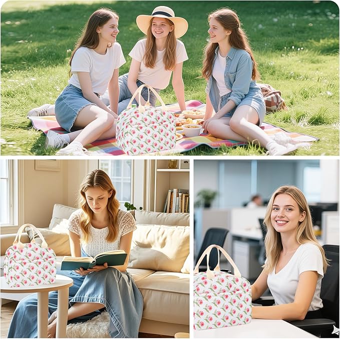 Cotton Quilted Insulated Lunch Bag, Cute Quilted Floral Lunch Tote Bags Reusable Insulated Lunch Box Coquette Aesthetic Large Capacity Insulated Cooler for Women Work Travel Picnic (Big Pink Flowers)