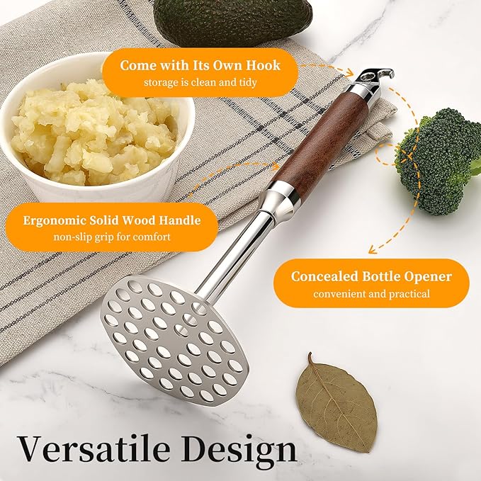 Stainless Steel Potato Masher with Solid Wood Handle, Multifunctional Food Masher with Bottle Opener Hook, Durable 10.4 inch Kitchen Tool for Potato, Veggie, Fruit, Avocado