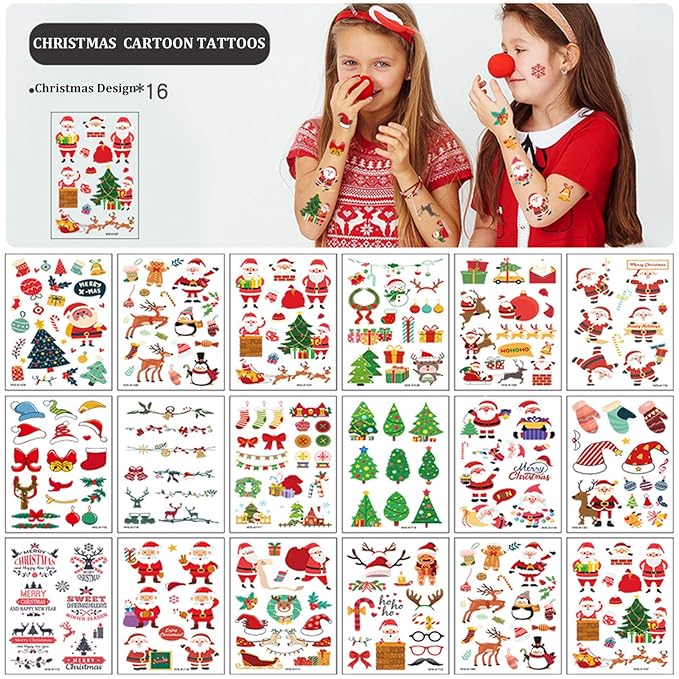 Christmas Temporary Tattoos for Kids, 240PCS Cartoon Xmas Body Stickers, Santa Claus Snowman Reindeer Socks Face Fake Tattoo Makeup, Christmas Holiday Party Favor Supplies Decorations Boys Girls