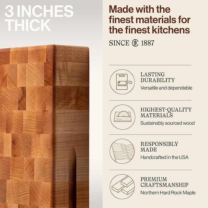 John Boos CCB Series Square Wooden Maple Cutting Board 18”x18” – 3” Thick, 26-lb Reversible Butcher Block with End-Grain & Finger Grips – Made in the USA