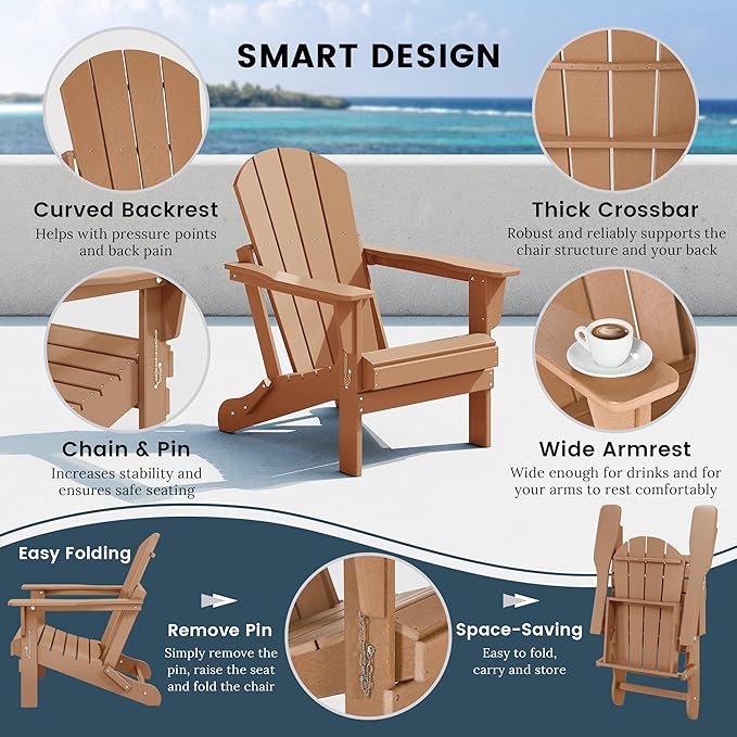 Westin Outdoors Laguna WO Home Furniture Adirondack Chair 4 PC Set Classic Outdoor Patio Folding Chair for Bon Fire Pit Lawn Backyard Beach Plastic Weather-Resistant (Teak)