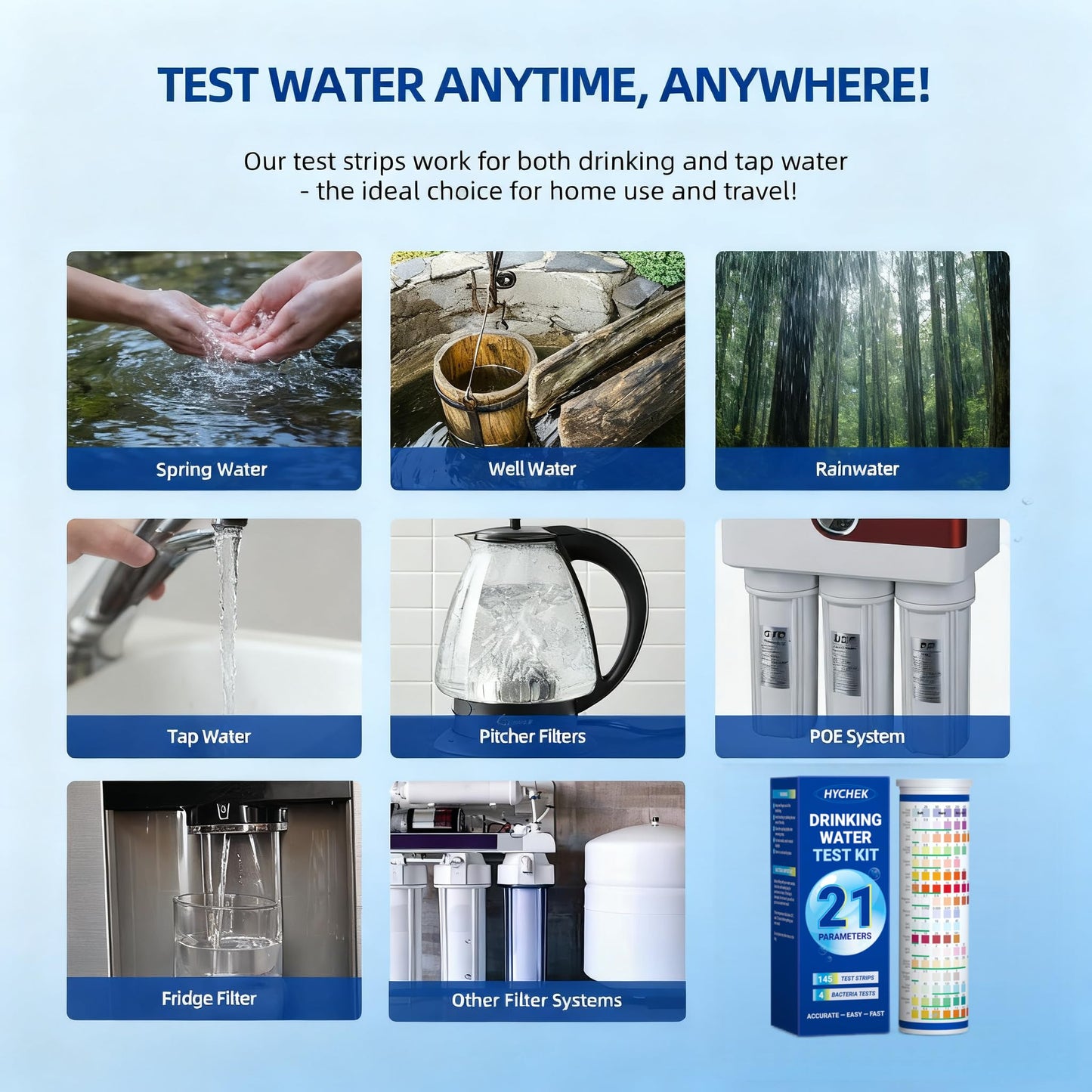 HYCHEK 21 in 1 Accurate Drinking Water Testing Kits, 145 Strips + 4 Bacteria Tests, Well and Tap Water Test Kit, Home Test Strips for Lead, Fluoride, Chlorine, Hardness, pH, Iron, Copper, and More