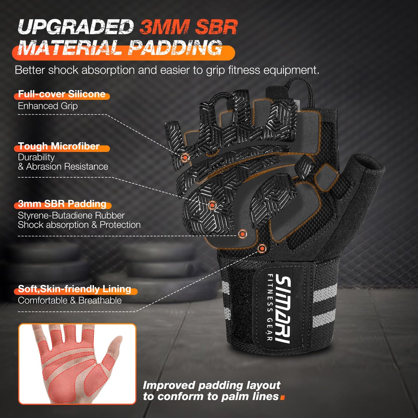 SIMARI Wrist Support Workout Gloves for Men & Women, Weight Lifting Gloves with Padded, Grip, Full Palm Protection, Gift for Gym Exercise, Cycling, Weightlifting Training, Fitness, Black Gray, Size XL
