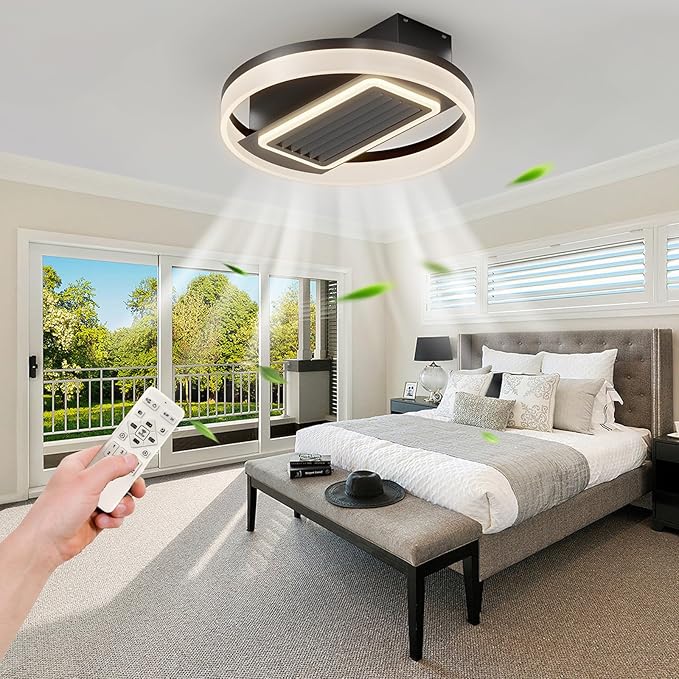 NicBex Ceiling Fan 20 Inch Modern Ceiling Fans with Lights Bladeless Ceiling Fan with Remote Control Round Ceiling Fans with Reversible Motor for Bedroom, Living Room, Black