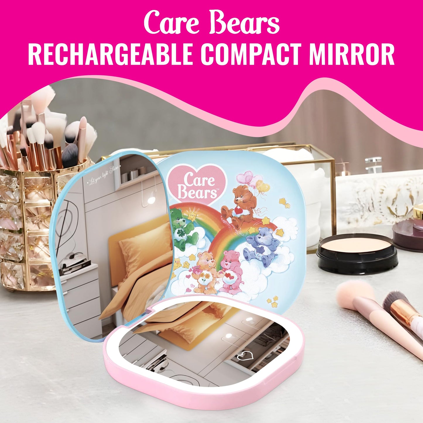 Impressions Vanity Care Bears LED Compact Mirror for Purse, Lighted Travel Makeup Mirror with 3X Magnification, Auto Shut Off Da
