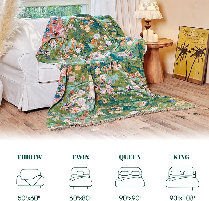 MSGKV Boho Throw Blanket for Bed Cotton Floral Twin Size Couch Blanket 60"x80" Muslin Breathable Lightweight Farmhouse Blankets All Seasons