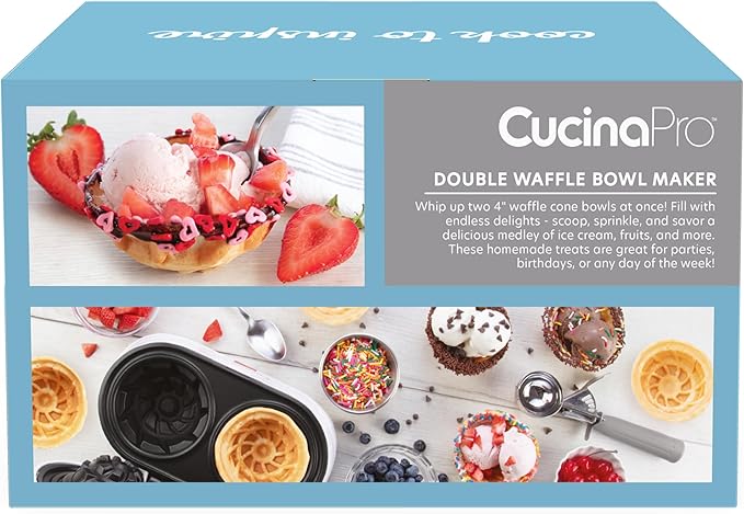 Double Waffle Bowl Maker- Make two 4″ Ice Cream Cone Bowls at Once in Just Mins- Holiday Dessert Appliance for Yogurt Fruit Snacks- Nonstick Iron Easy Clean Electric Kitchen Gadget w Recipes Xmas Gift