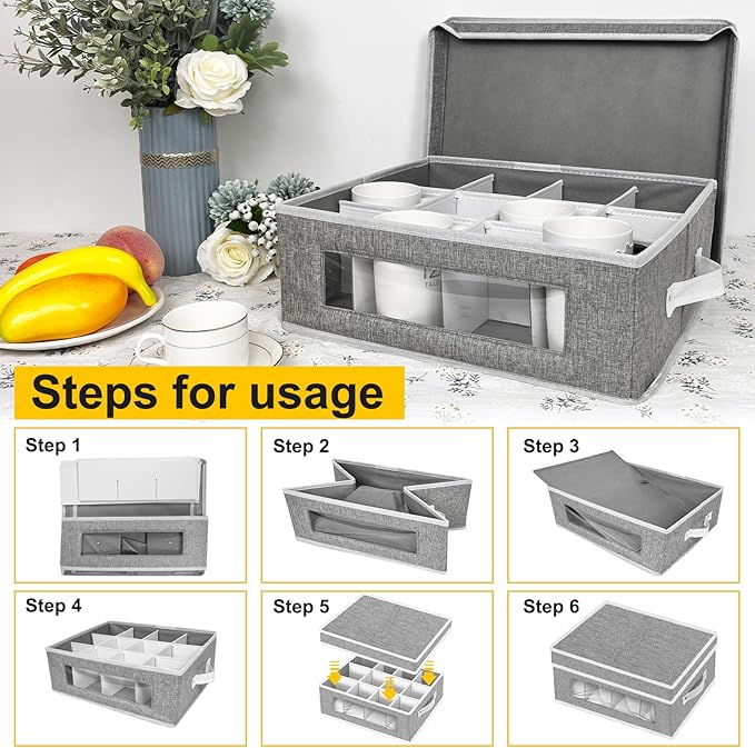 homyfort Mug Storage Box, China Storage Containers Organizer Hard Shell with Dividers for 12 Coffee Mugs, Tea Cup, Moving & Packing (Grey)