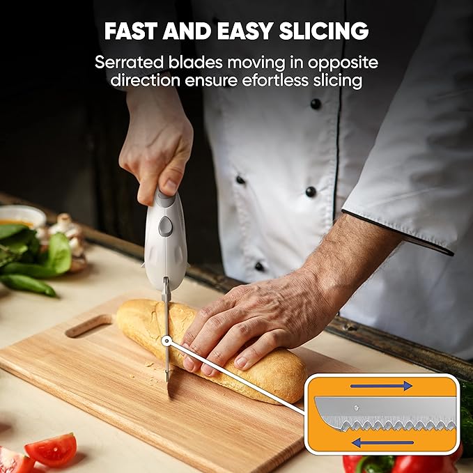 Electric Knife for Turkey, Meat Slicing, Bread, Fillet, Foam & More | Ergonomic Handle + 2 Stainless Steel Carving Blades & Serving Fork Included