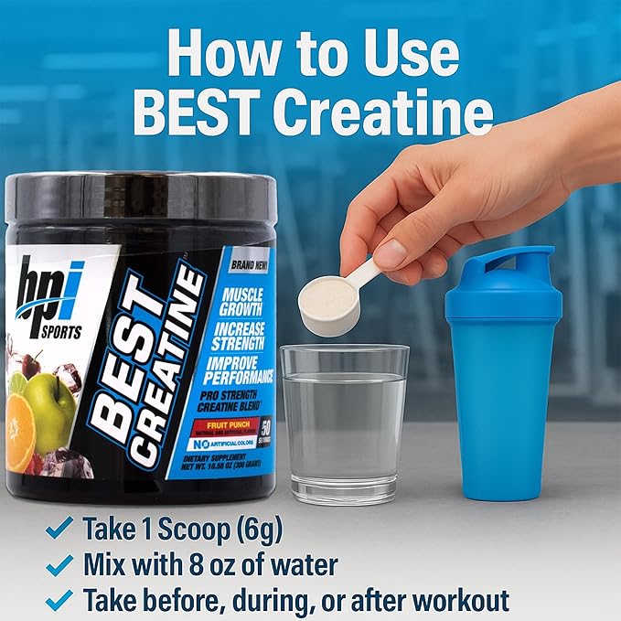 BPI Sports Best Creatine - Creatine Monohydrate Powder for Men & Women, Himalayan Salt - Strength, Pump, Endurance, Muscle Growth, Muscle Definition - No Bloat – Fruit Punch – 50 servings – 10.58 oz